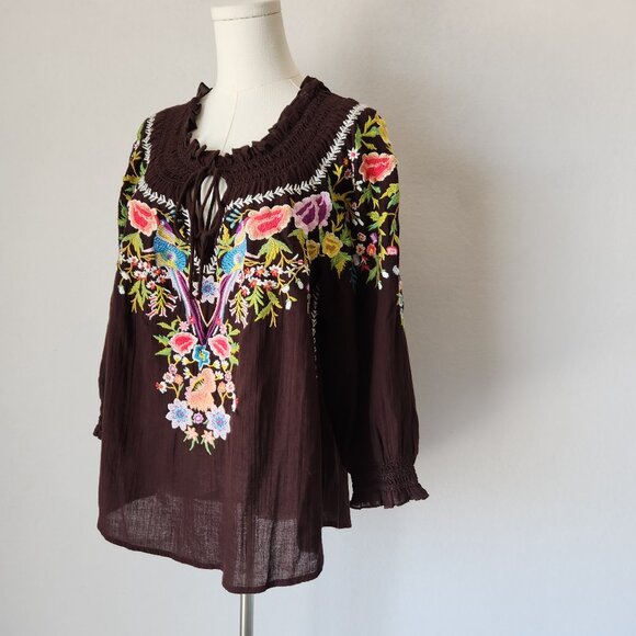 Sundance Amora Blooms Bird Floral Embroidered Boho Top Tassel Cotton Brown Sz.S - Picture 3 of 10